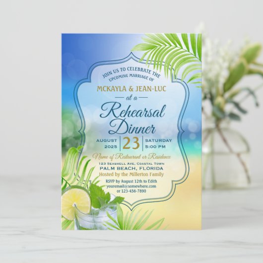 Invitation Dîner de répétition Plage Mariage Palm Tree Feuill (Debout devant)