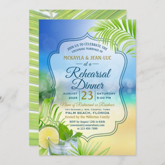 Invitation Dîner de répétition Plage Mariage Palm Tree Feuill (Devant / Derrière)