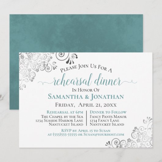Invitation Dîner de répétition pour Mariage Turquoise et élég (Devant / Derrière)
