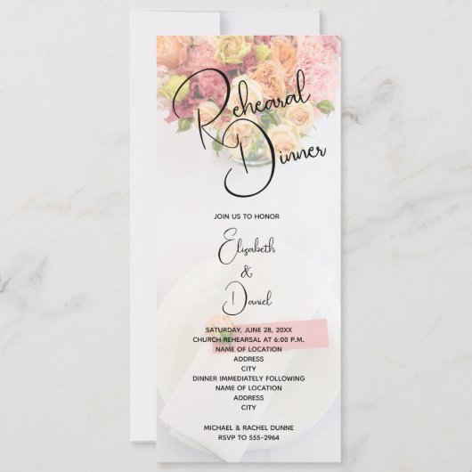 Invitation Dîner de répétition pour table florale rose (Devant)