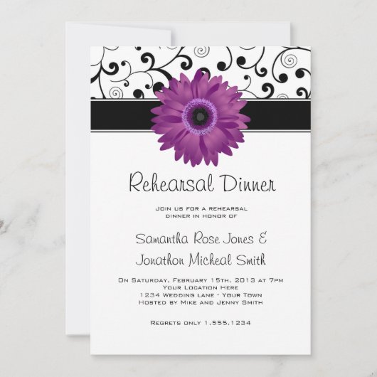 Invitation Dîner de répétition Purple Gerbera Daisy Black Scr (Devant)