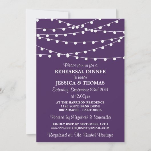 Invitation Dîner de répétition Purple Modern String Lights (Devant)
