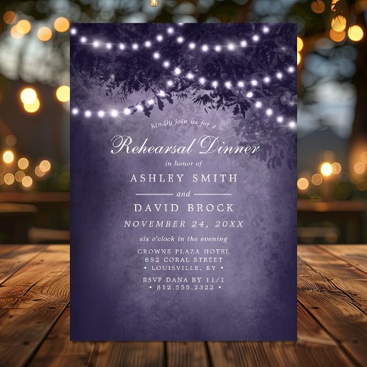 Invitation Dîner de répétition Purple Rustic Tree Lights