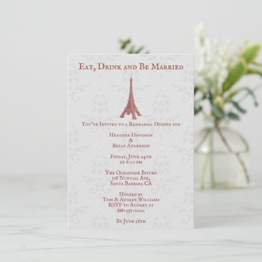 Invitation Dîner de répétition Red Eiffel Tower Damask (Debout devant)