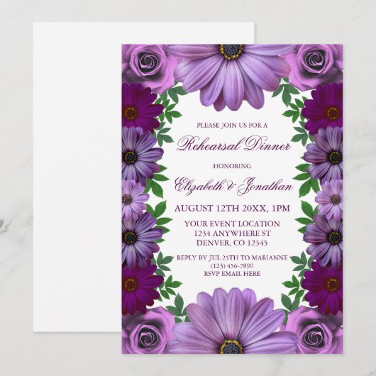 Invitation Dîner de répétition Regal Purple Floral (Devant / Derrière)