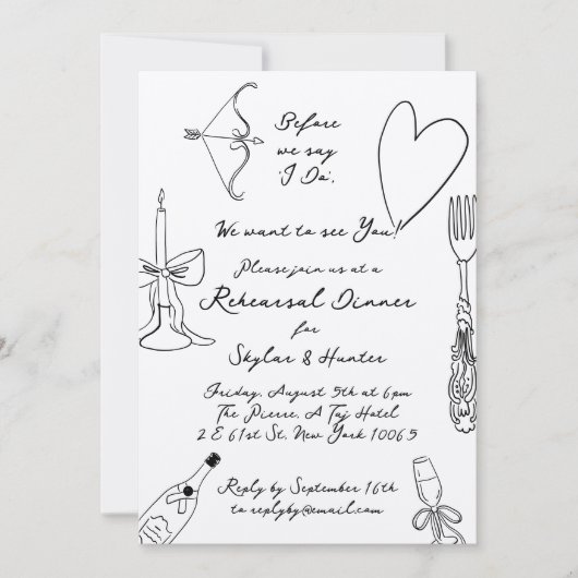 Invitation Dîner de répétition rétro Kraft Boho Black Doodle (Devant)