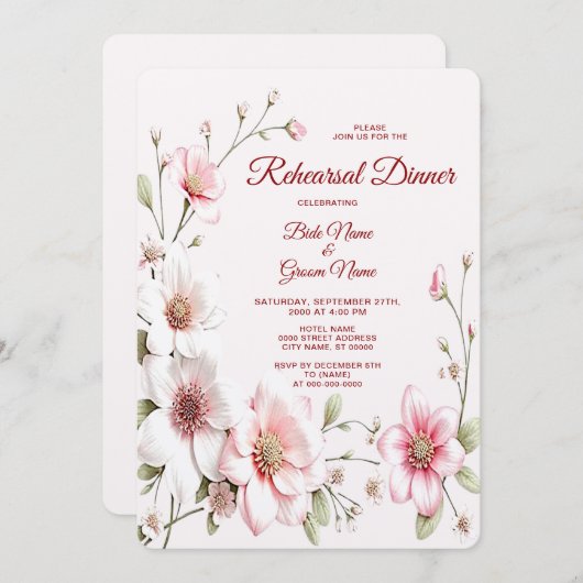 Invitation Dîner de répétition rose blanc rose (Devant / Derrière)