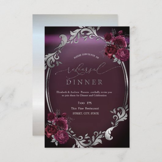 Invitation Dîner de répétition Rose Chic Argent Frame Bourgog (Devant / Derrière)