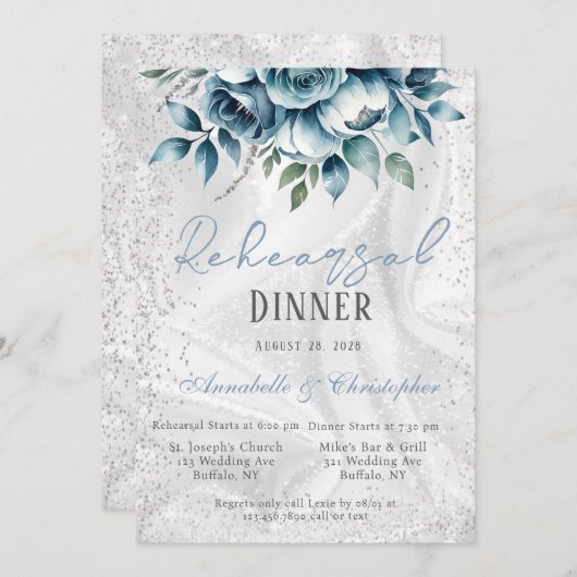 Invitation Dîner de répétition Rose Dusty Blue Silver (Devant / Derrière)