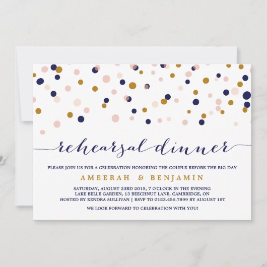 Invitation Dîner de répétition rose et or Confetti (Devant)