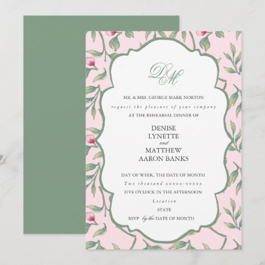 Invitation Dîner de répétition rose et vert basilic (Devant / Derrière)