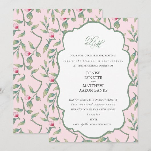 Invitation Dîner de répétition rose et vert basilic (Devant / Derrière)