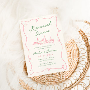 Invitation Dîner de répétition rose et vert dessiné à la main