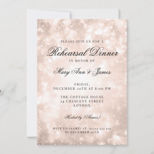 Invitation Dîner de répétition rose Gold Champagne Bokeh Élég (Devant)