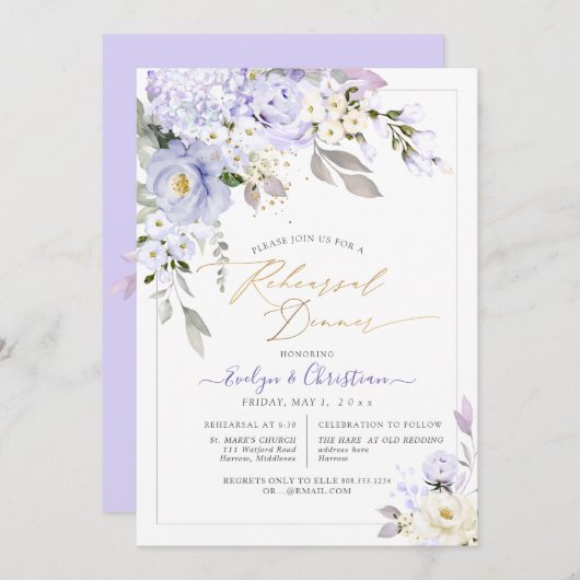 Invitation Dîner de répétition Rose H2 Purple Hydrangea Crème (Devant / Derrière)
