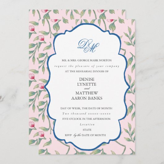 Invitation Dîner de répétition rose Nosegay (Devant / Derrière)