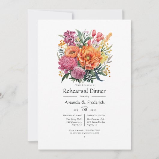 Invitation Dîner de répétition rose, orange et vert (Devant)