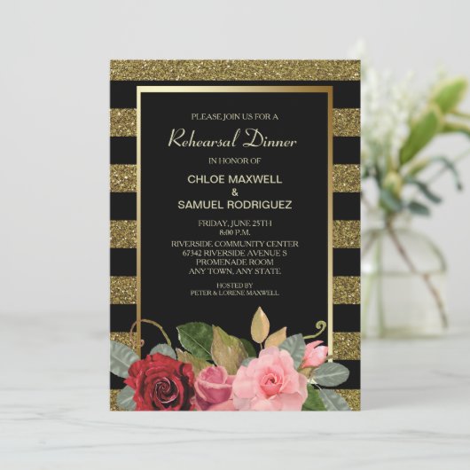 Invitation Dîner de répétition Rose Sparkle Stripe (Debout devant)