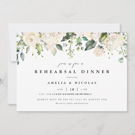 Invitation Dîner de répétition Roses blanches et Hydrangeas (Devant)