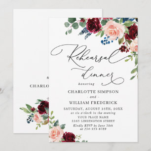 Invitation Dîner de répétition Roses Eucalyptus Marine Bourgo
