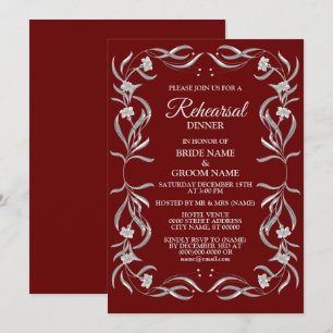 Invitation Dîner de répétition rouge à motif floral argenté v