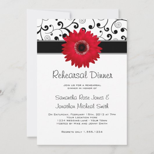Invitation Dîner de répétition Rouge Gerbera Daisy Black Scro (Devant)