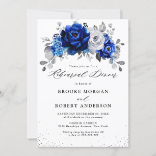 Invitation Dîner de répétition Royal Blue White Silver Floral