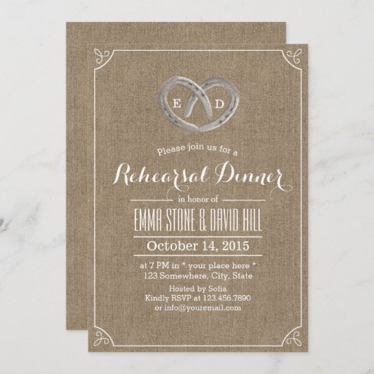 Invitation Dîner de répétition Rustic Horseshot Heart Burlap (Devant / Derrière)
