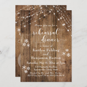 Invitation Dîner de répétition Rustic Wood, Snowflakes & Ligh