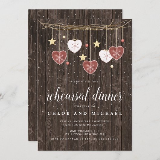 Invitation Dîner de répétition Rustic Wood Stars and Hearts (Devant / Derrière)