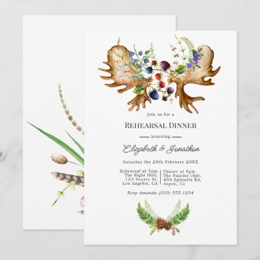 Invitation Dîner de répétition rustique à l'aquarelle de la f (Devant / Derrière)