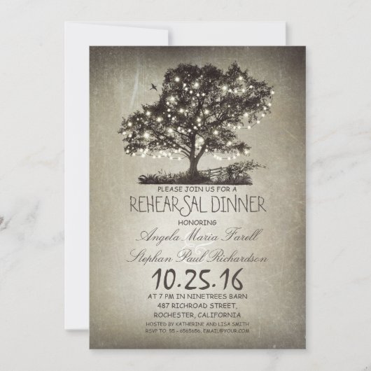 Invitation Dîner de répétition rustique aux feux d'arbre et d (Devant)