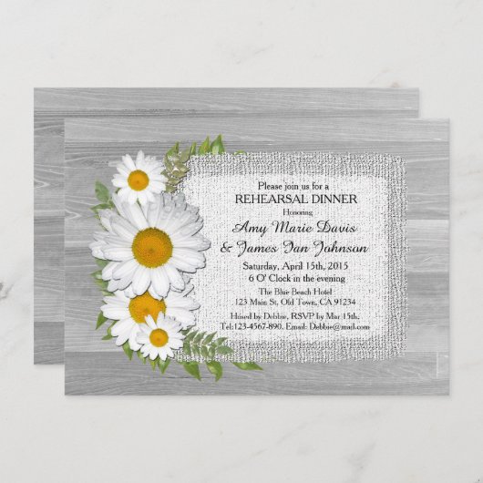 Invitation Dîner de répétition Rustique blanc marguerite invi (Devant / Derrière)