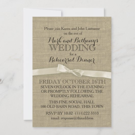 Invitation Dîner de répétition Rustique Burlap et White Bow (Devant)