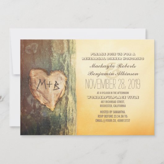 Invitation Dîner de répétition Rustique Carved Heart Tree (Devant)