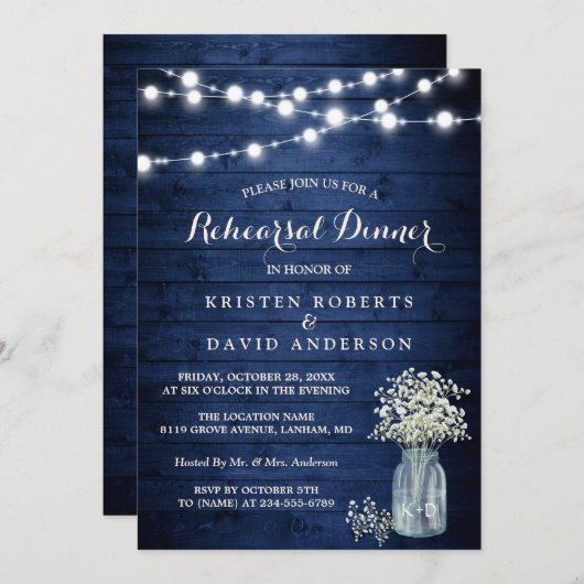 Invitation Dîner de répétition Rustique de minuit bleu lumièr (Devant / Derrière)