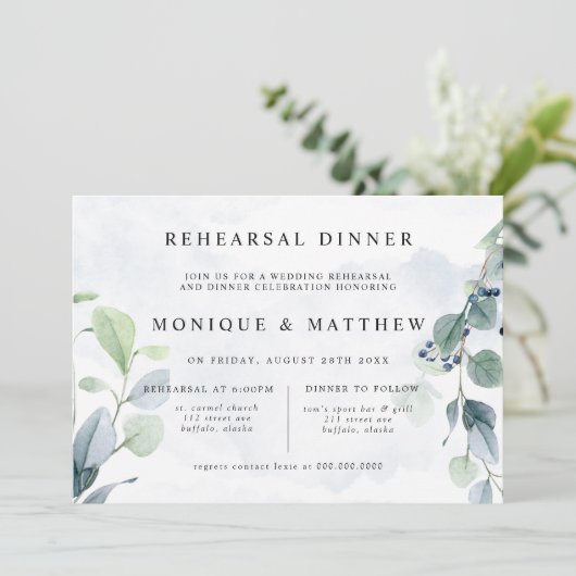 Invitation Dîner de répétition rustique Dusty Blue Eucalyptus (Debout devant)
