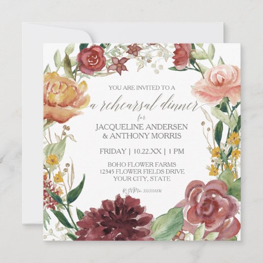 Invitation Dîner de répétition Rustique Floral Burgundy Blush (Devant)