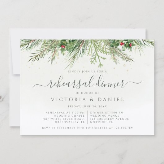 Invitation Dîner de répétition Rustique hiver verdure Berries (Devant)