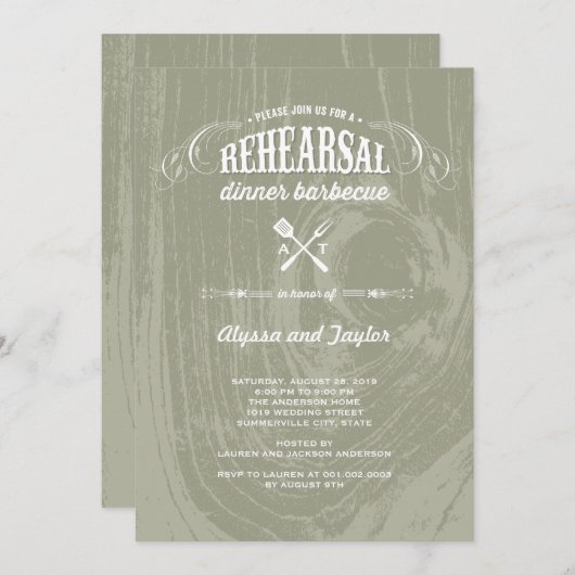 Invitation Dîner de répétition Rustique Mariage en bois (Devant / Derrière)