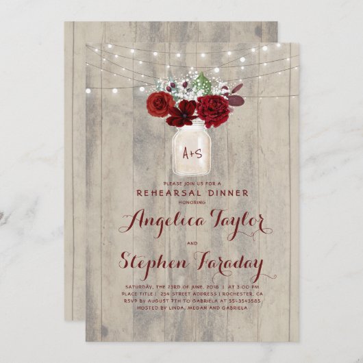Invitation Dîner de répétition rustique Mason Jar Fleurs de B (Devant / Derrière)