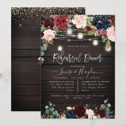 Invitation Dîner de répétition rustique pots Mason guirles lu (Devant / Derrière)