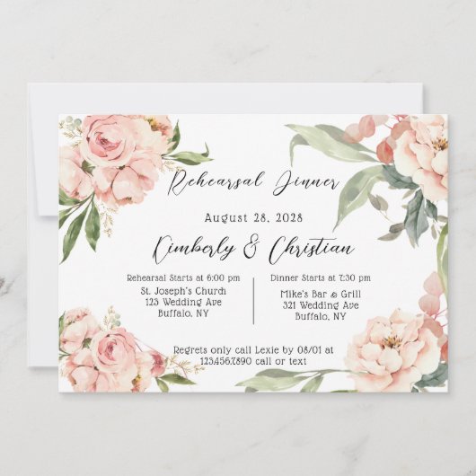 Invitation Dîner de répétition Rustique rose Aquarelle Peony (Devant)