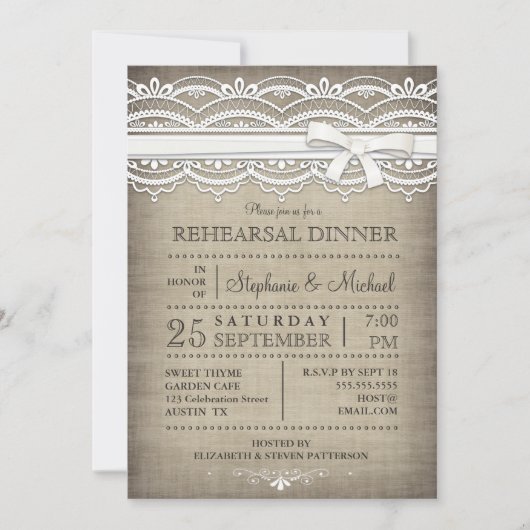 Invitation Dîner de répétition rustique Vintage Lace & Linen (Devant)