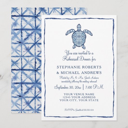Invitation Dîner de répétition Shibori Indigo Seaturtle Beach (Devant / Derrière)