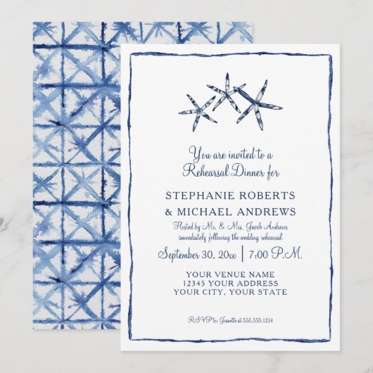 Invitation Dîner de répétition Shibori Indigo Starfish Sea Be (Devant / Derrière)