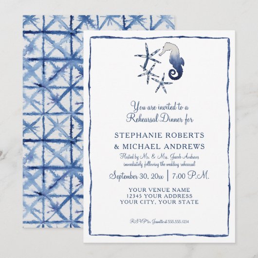 Invitation Dîner de répétition Shibori Seahorse Starfish Beac (Devant / Derrière)