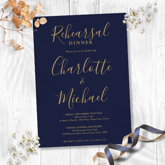 Invitation Dîner de répétition Signature Script Navy Blue Gol