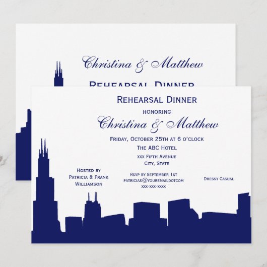 Invitation Dîner de répétition silhouette de Chicago Navy (Devant / Derrière)