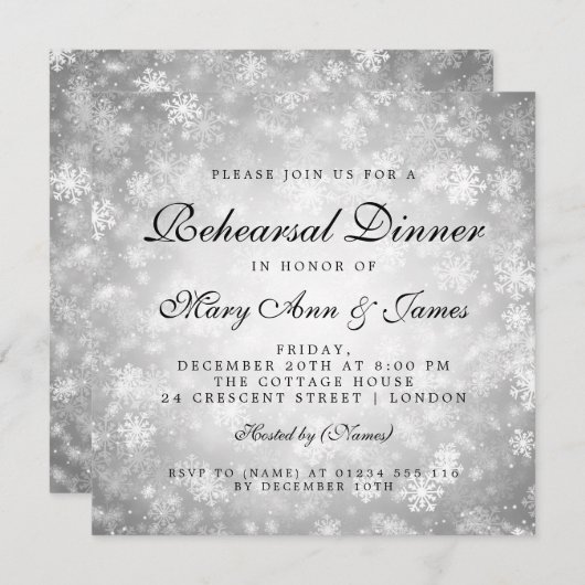 Invitation Dîner de répétition Silver Winter Wonderland (Devant / Derrière)